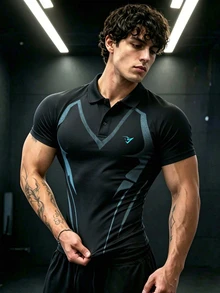 GymBeat Men's Striped Print Button Half-Placket Short Sleeve Sports Baggy Athletic Polo Shirt, Gym Workout Black Summer - Black - View 1
