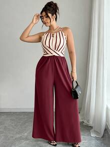 SHEIN LUNE Plus Size Women's Elegant Wrap-Around Tie-Waist Striped Contrast Color Loose Straight Leg Jumpsuit, Spring/Summer - Multicolor - View 6