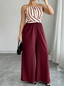 SHEIN LUNE Plus Size Women's Elegant Wrap-Around Tie-Waist Striped Contrast Color Loose Straight Leg Jumpsuit, Spring/Summer - Multicolor - View 3