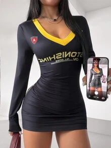 StreetHx Gaun Wanita Seksi dengan Motif Huruf dan Leher V, Lengan Panjang - Hitam - View 3
