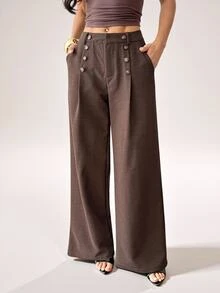 SHEIN PETITE Women's Elegant Button Pocket Pleated Loose Business Suit Pants - Rust Brown - View 3