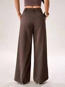 SHEIN PETITE Women's Elegant Button Pocket Pleated Loose Business Suit Pants - Rust Brown - View 2