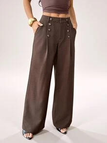 SHEIN PETITE Women's Elegant Button Pocket Pleated Loose Business Suit Pants - Rust Brown - View 5