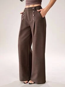 SHEIN PETITE Women's Elegant Button Pocket Pleated Loose Business Suit Pants - Rust Brown - View 1