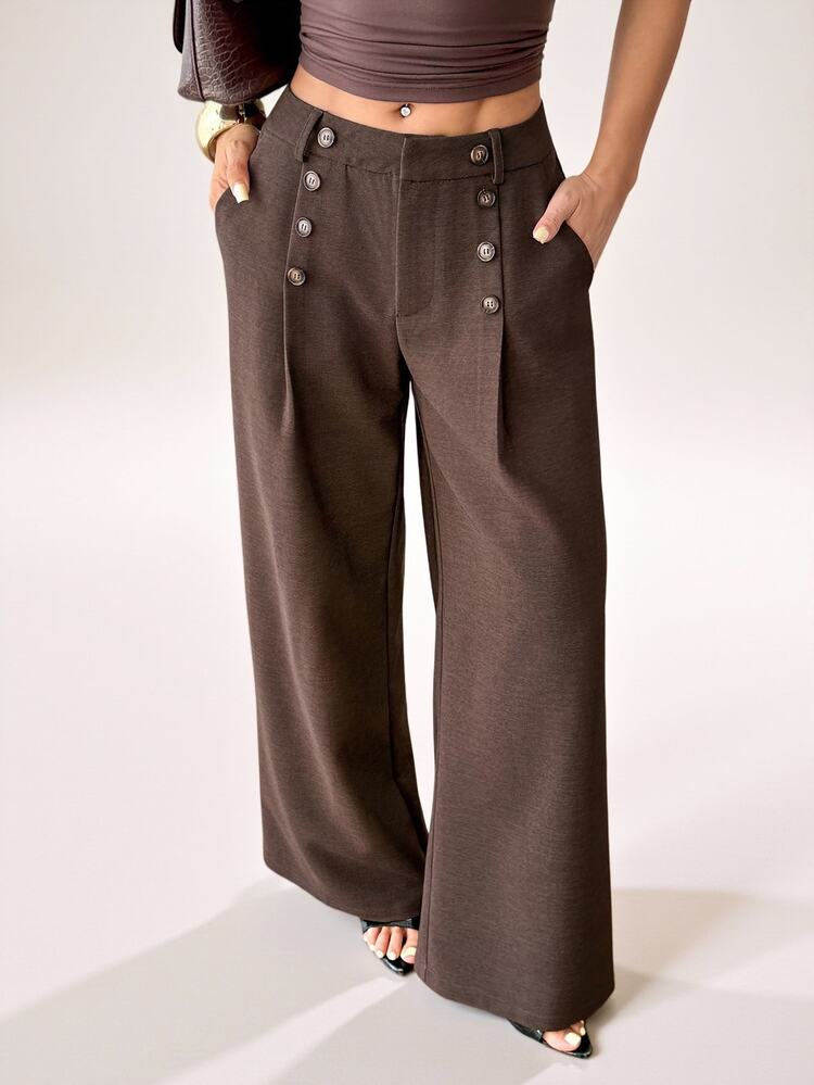 SHEIN PETITE Women's Elegant Button Pocket Pleated Loose Business Suit Pants - Rust Brown - View 7