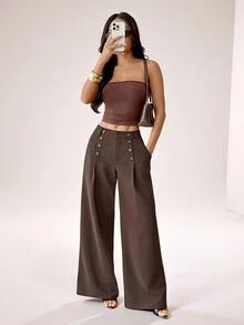 SHEIN PETITE Women's Elegant Button Pocket Pleated Loose Business Suit Pants - Rust Brown - View 6