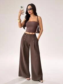 SHEIN PETITE Women's Elegant Button Pocket Pleated Loose Business Suit Pants - Rust Brown - View 4