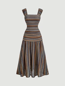 SHEIN MOD Gaun Liburan Elegan Jacquard Colorblock untuk Wanita - MultiWarna - View 5