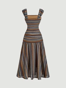 SHEIN MOD Gaun Liburan Elegan Jacquard Colorblock untuk Wanita - MultiWarna - View 4