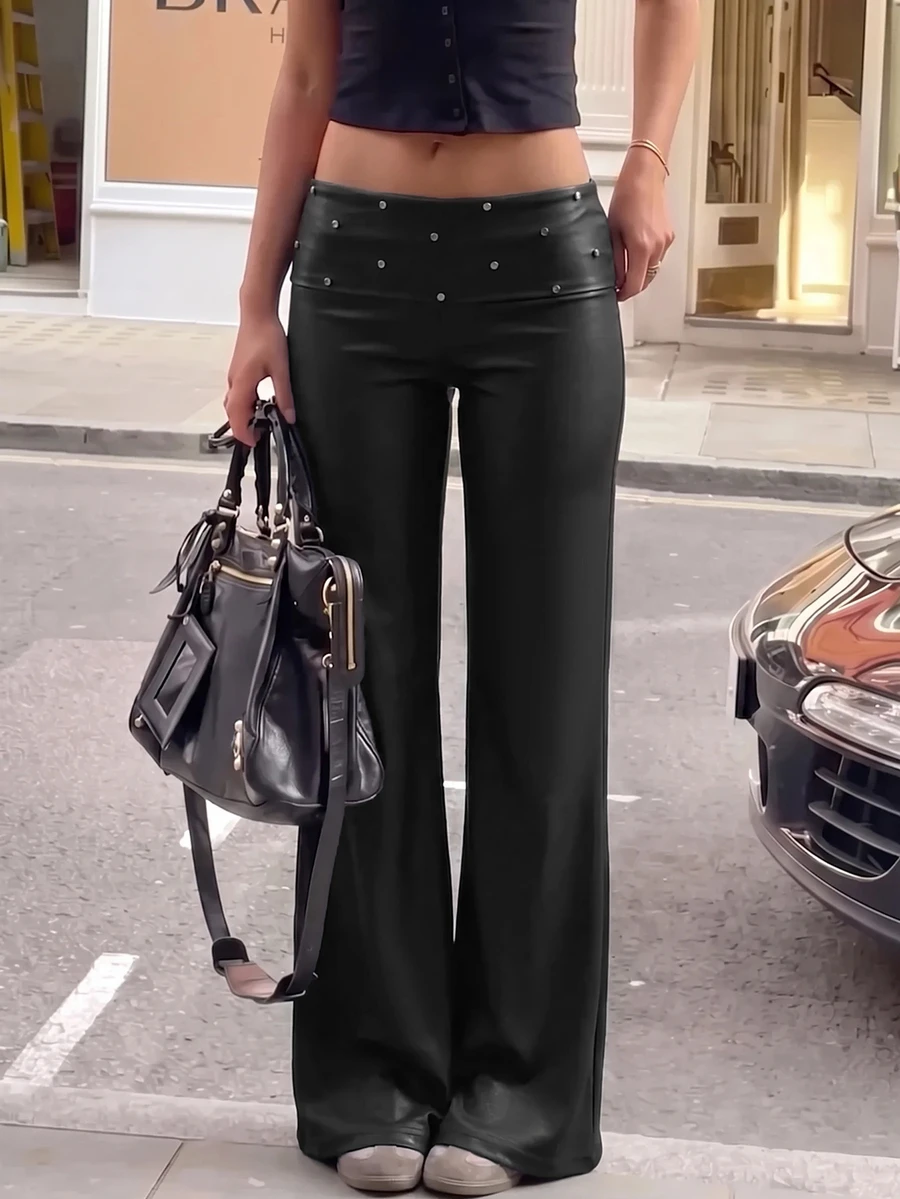 Muchica Black PU Folded Waist Stud Decor Straight Leg Pants For Going Out, Streetwear, Y2K,Fall Clothes For Women - Black - View 1