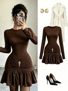 Fine & Folde Gaun Mini Bodycon Model Ekor Ikan dengan Detail Kerutan dan Kancing Dekoratif, Terbuat dari Kain Rajut Elastis Terbaru, Leher Bulat, Lengan Panjang, dan Potongan Pinggang Pas, Desain Elegan, Serbaguna, Kasual, dan Melangsingkan untuk Wanita. - Coklat - View 6