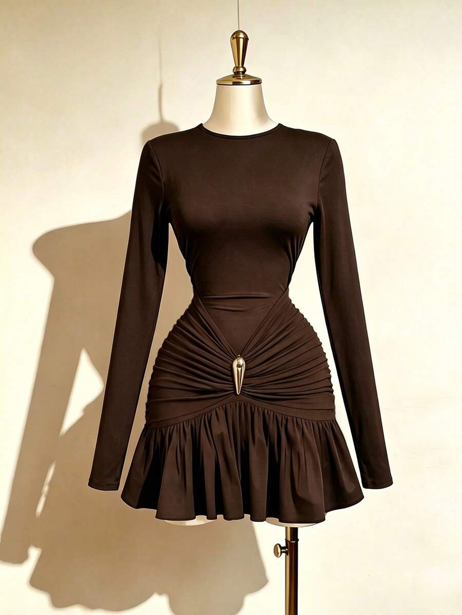 Fine & Folde New Knit Elastic Fabric Round Neck Long Sleeve Waist-Cinching Bodycon Ruched Decorative Button Fishtail Mini Dress, Elegant Versatile Casual Slimming Design For Women - Brown - View 1
