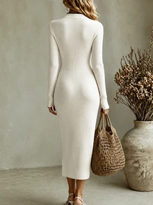 SHEIN New Leopard Knit Sweater Dress, Warm Meillard Brown, Relaxed Retro Fit - Brown - View 2