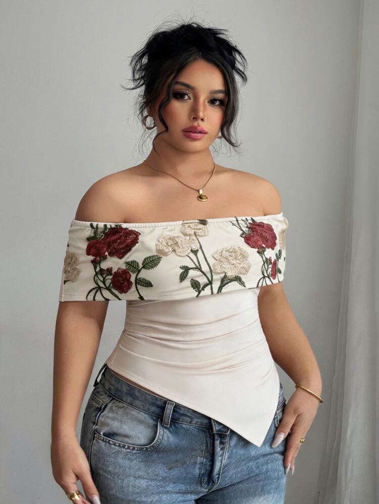 SHEIN Unity Plus Size Embroidery Mesh Off The Shoulder Elegant Classic Concert Spring Summer Women's Top - White - View 6