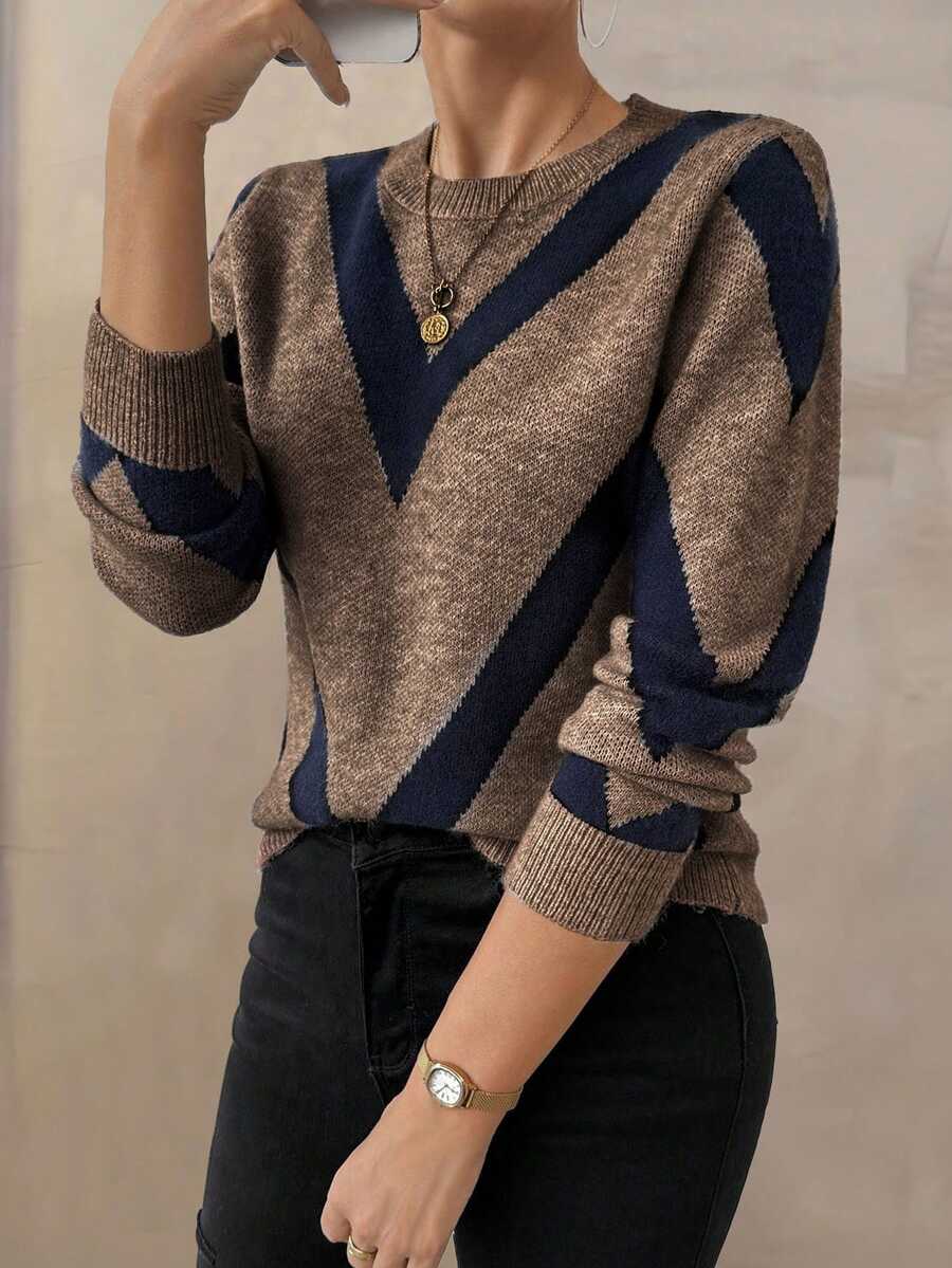 SHEIN Uhlyne 2024 Autumn/Winter New Casual Retro Polygon Striped Sweater Knit Pullover Fall Brunch Navy Blue - Multicolor - View 1