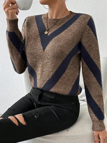 SHEIN Uhlyne 2024秋冬新款休閒復古多邊形條紋針織套頭毛衣 秋季早午餐海軍藍 - 彩色 - 查看 4