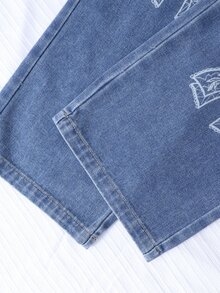 SHEIN Tween女孩秋季穿搭上衣 2件/套 圓領休閒韓系可愛寬鬆蝴蝶印花衛衣 白色與淺藍水洗刺繡 - 彩色 - 查看 3