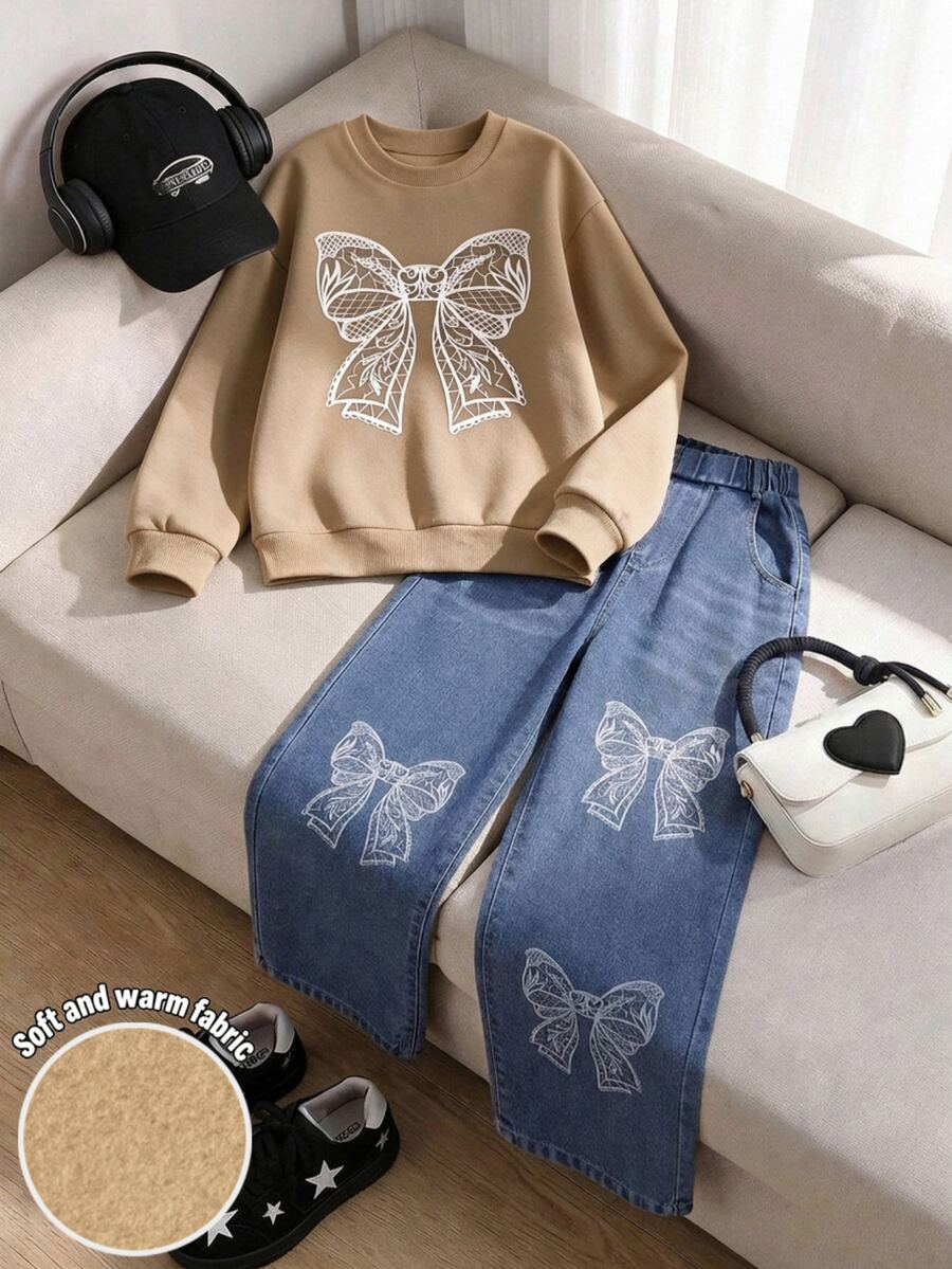 SHEIN Tween女孩秋季穿搭上衣 2件/套 圓領休閒韓系可愛寬鬆蝴蝶印花衛衣 白色與淺藍水洗刺繡 - 彩色 - 查看 1
