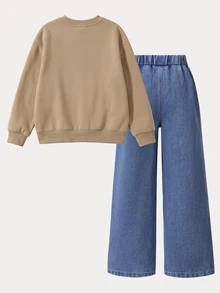 SHEIN Tween女孩秋季穿搭上衣 2件/套 圓領休閒韓系可愛寬鬆蝴蝶印花衛衣 白色與淺藍水洗刺繡 - 彩色 - 查看 2