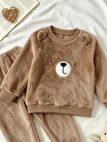 Young Boy Warm Top And Pants Loungewear Autumn Winter - Khaki - View 4