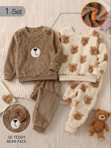 Young Boy Warm Top And Pants Loungewear Autumn Winter - Khaki - View 1