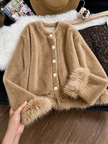 SHEIN Franclia 女款圓領蓬鬆毛皮拼接下擺與袖口寬鬆落肩修身柔軟休閒優雅百搭夾克 日常夜間穿搭 駝色 秋冬 - 卡其色 - 查看 3