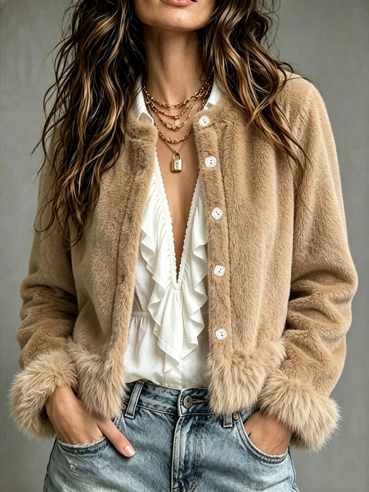 SHEIN Franclia Women's Round Neck Fluffy Fur Patchwork Hem And Cuffs Loose Drop Shoulder Slimming Soft Casual Elegant Versatile Jacket Everyday Night Camel Autumn - Khaki - View 1