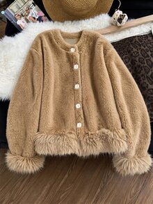 SHEIN Franclia 女款圓領蓬鬆毛皮拼接下擺與袖口寬鬆落肩修身柔軟休閒優雅百搭夾克 日常夜間穿搭 駝色 秋冬 - 卡其色 - 查看 4