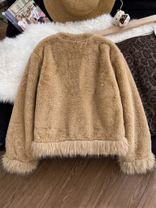 SHEIN Franclia 女款圓領蓬鬆毛皮拼接下擺與袖口寬鬆落肩修身柔軟休閒優雅百搭夾克 日常夜間穿搭 駝色 秋冬 - 卡其色 - 查看 2