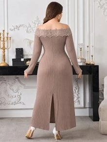 Modelyn Autumn/Winter Elegant Slim Fit Knit Jacquard Cold Shoulder Pullover Long Sleeve Lace Patchwork Dress For Women - Apricot - View 2