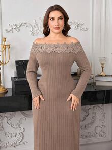 Modelyn Autumn/Winter Elegant Slim Fit Knit Jacquard Cold Shoulder Pullover Long Sleeve Lace Patchwork Dress For Women - Apricot - View 6