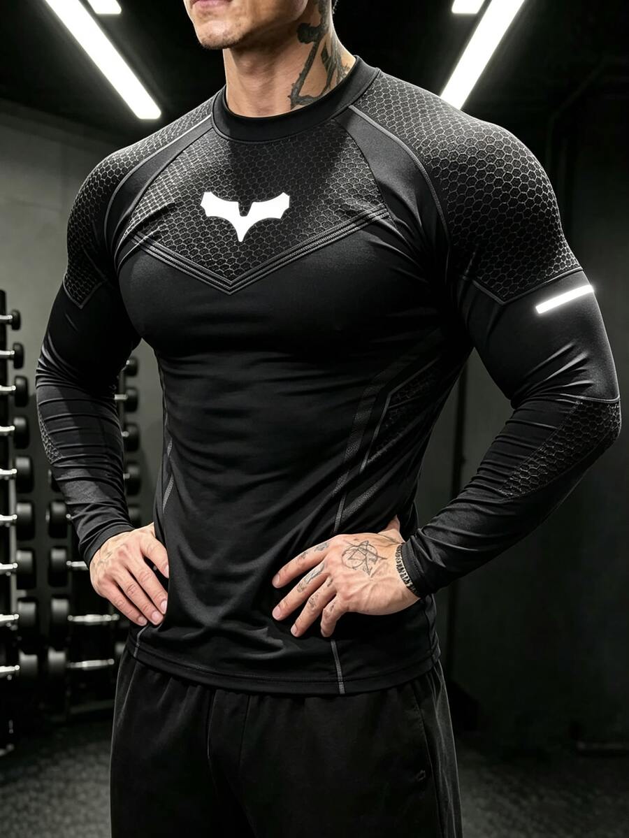 GymBeat تي شيرت رياضي رجالي بأكمام طويلة بطبعة خفاشي، راجلان، للجيم - متعدد الألوان - مشاهدة 1