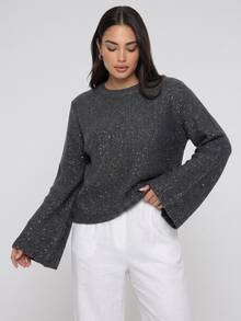 Dazy Plus Solid Color Sequin Loose Fit Round Neck Long Sleeve Casual Versatile Autumn/Winter Pullover Sweater - Dark Grey - View 14