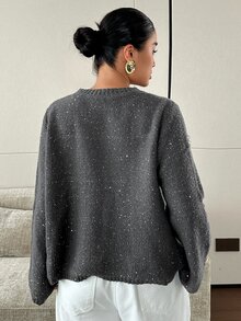 Dazy Plus Solid Color Sequin Loose Fit Round Neck Long Sleeve Casual Versatile Autumn/Winter Pullover Sweater - Dark Grey - View 2