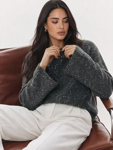 Dazy Plus Solid Color Sequin Loose Fit Round Neck Long Sleeve Casual Versatile Autumn/Winter Pullover Sweater - Dark Grey - View 11
