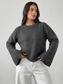 Dazy Plus Solid Color Sequin Loose Fit Round Neck Long Sleeve Casual Versatile Autumn/Winter Pullover Sweater - Dark Grey - View 13