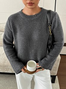 Dazy Plus Solid Color Sequin Loose Fit Round Neck Long Sleeve Casual Versatile Autumn/Winter Pullover Sweater - Dark Grey - View 9