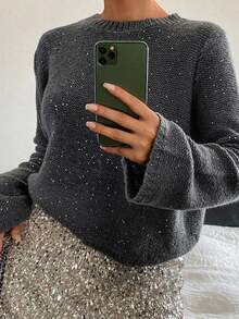 Dazy Plus Solid Color Sequin Loose Fit Round Neck Long Sleeve Casual Versatile Autumn/Winter Pullover Sweater - Dark Grey - View 10