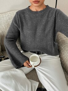 Dazy Plus Solid Color Sequin Loose Fit Round Neck Long Sleeve Casual Versatile Autumn/Winter Pullover Sweater - Dark Grey - View 8