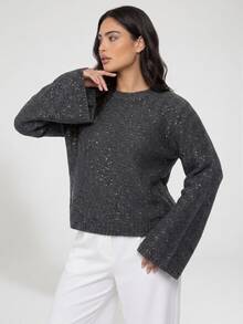 Dazy Plus Solid Color Sequin Loose Fit Round Neck Long Sleeve Casual Versatile Autumn/Winter Pullover Sweater - Dark Grey - View 15