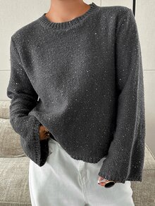 Dazy Plus Solid Color Sequin Loose Fit Round Neck Long Sleeve Casual Versatile Autumn/Winter Pullover Sweater - Dark Grey - View 1