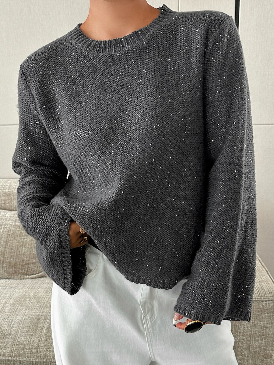 Dazy Plus Solid Color Sequin Loose Fit Round Neck Long Sleeve Casual Versatile Autumn/Winter Pullover Sweater - Dark Grey - View 1