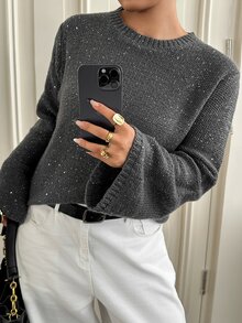 Dazy Plus Solid Color Sequin Loose Fit Round Neck Long Sleeve Casual Versatile Autumn/Winter Pullover Sweater - Dark Grey - View 7