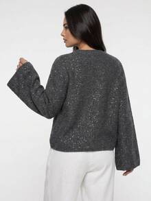 Dazy Plus Solid Color Sequin Loose Fit Round Neck Long Sleeve Casual Versatile Autumn/Winter Pullover Sweater - Dark Grey - View 16