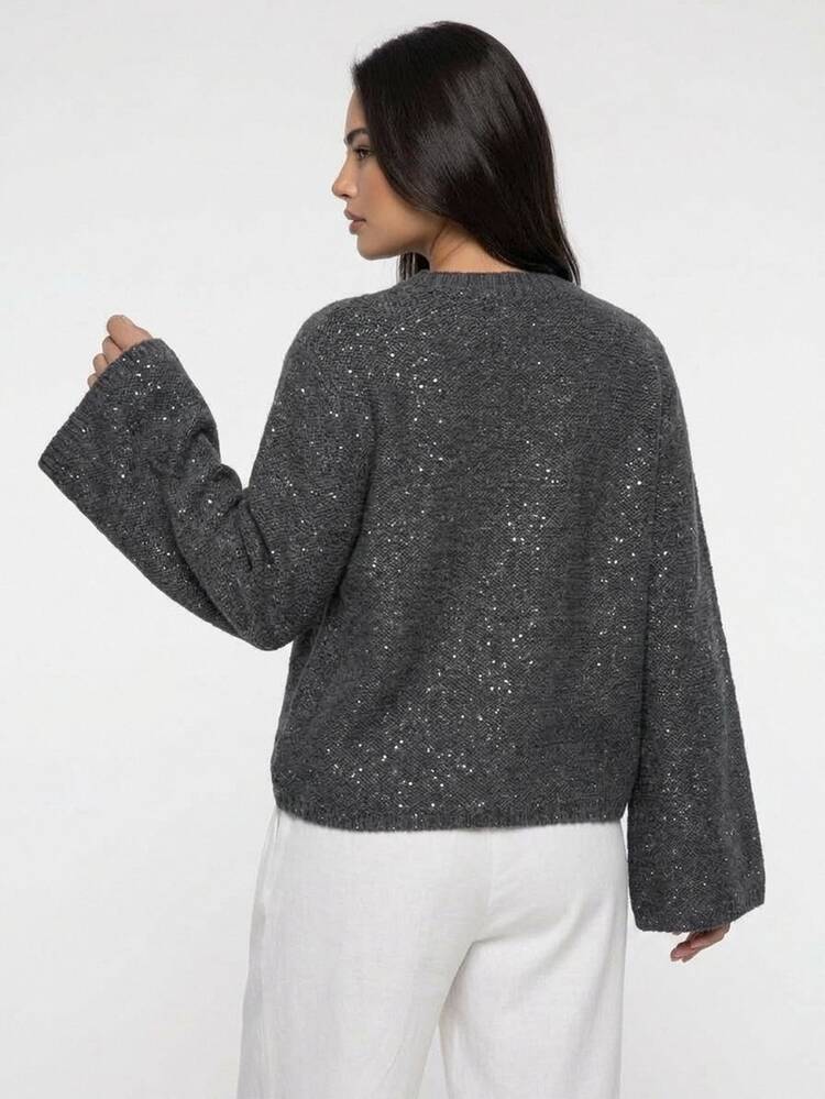 Dazy Plus Solid Color Sequin Loose Fit Round Neck Long Sleeve Casual Versatile Autumn/Winter Pullover Sweater - Dark Grey - View 16