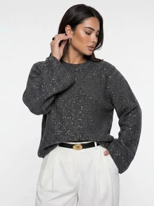 Dazy Plus Solid Color Sequin Loose Fit Round Neck Long Sleeve Casual Versatile Autumn/Winter Pullover Sweater - Dark Grey - View 12