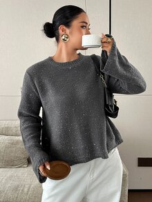 Dazy Plus Solid Color Sequin Loose Fit Round Neck Long Sleeve Casual Versatile Autumn/Winter Pullover Sweater - Dark Grey - View 4