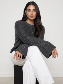 Dazy Plus Solid Color Sequin Loose Fit Round Neck Long Sleeve Casual Versatile Autumn/Winter Pullover Sweater - Dark Grey - View 17