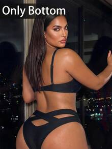 SHEIN Swim Quần bikini nữ sexy size lớn 2026 màu trơn dây chéo, quần bơi ngắn rời cho tiệc bãi biển và du lịch, phong cách Âu Mỹ mùa hè màu đen - màu đen - Xem 1