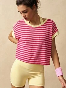VARSIVA 女士夏季休闲条纹拼接镂空后背运动T恤 - 淺粉色 - 查看 2